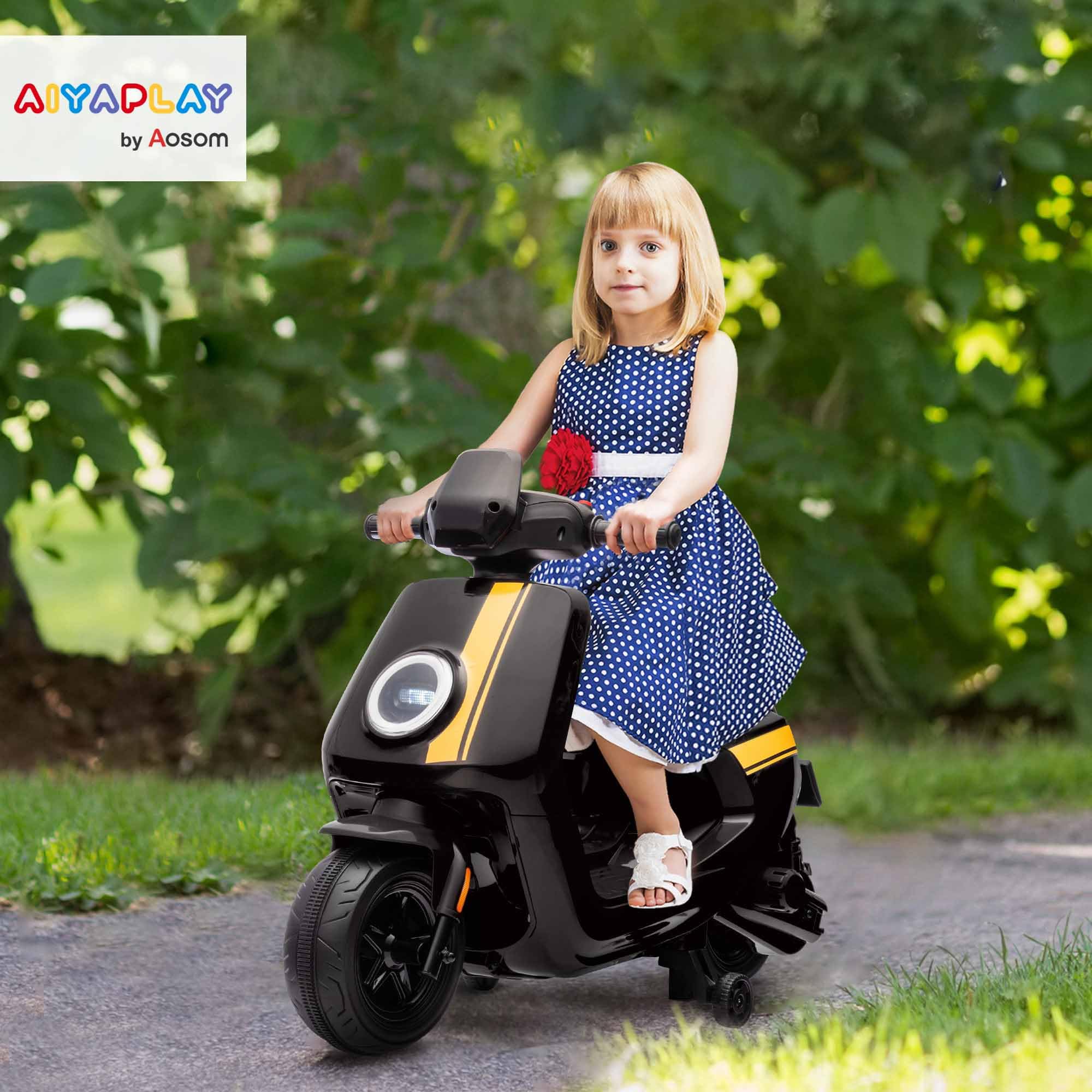 AIYAPLAY 6V Kids Electric Motorbike, Ride on Motorbike with Headlight, Music, Forward Reverse, Training Wheels, for Ages 18-36 Months, Black