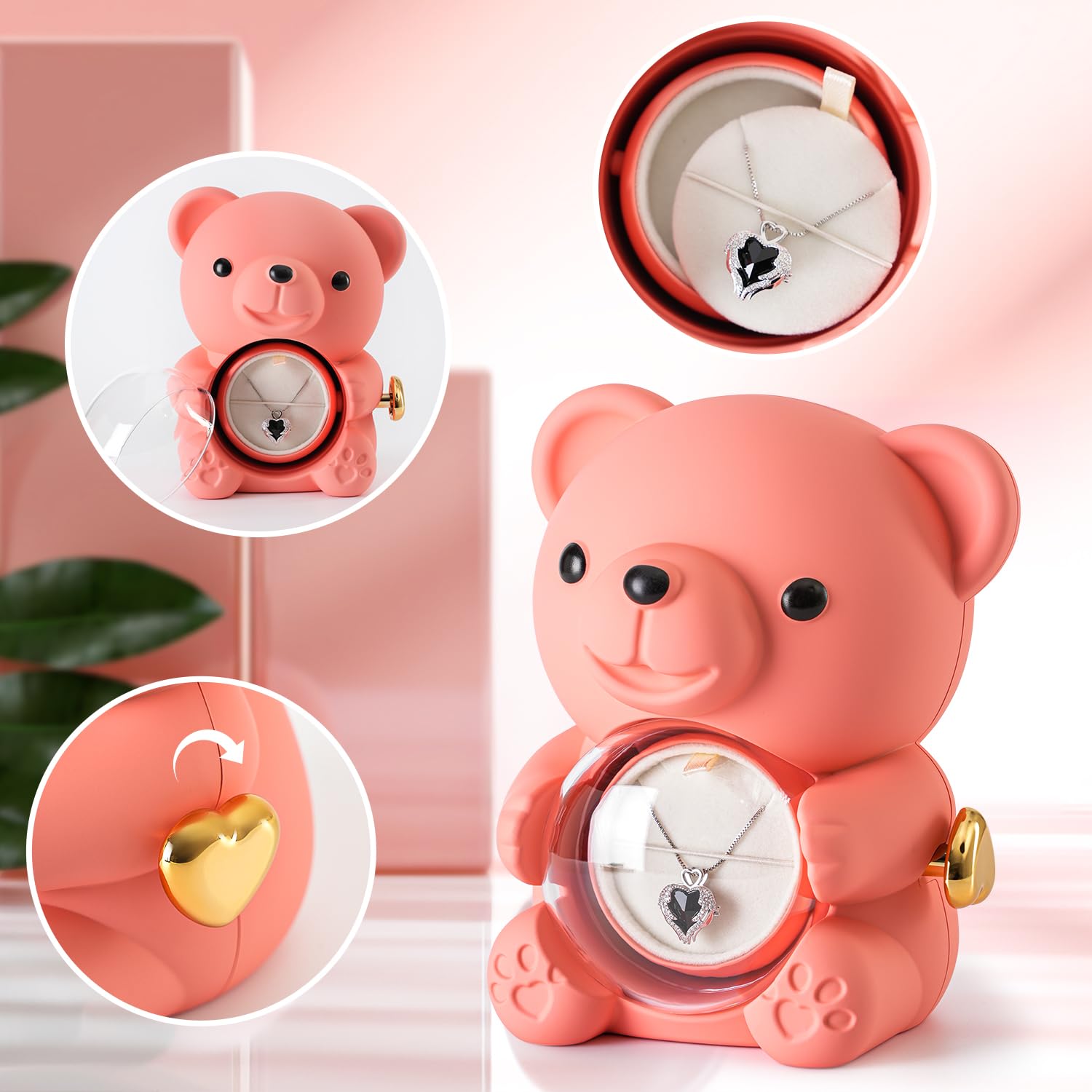 Ariceleo Pink Teddy Bear with Preserved Rose, Real Rose Flower in Bear, Elegant Gift Box, Heart-Shaped Necklace, Unique Gift for Valentine's Day,