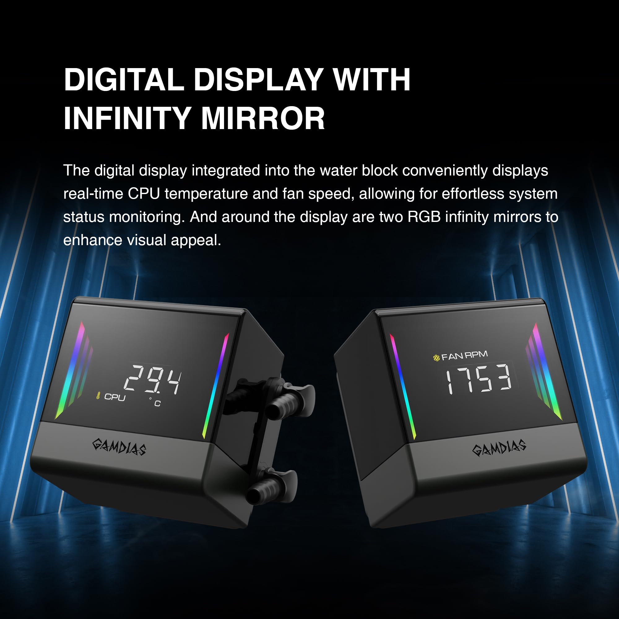 GAMDIAS CHIONE E4 240mm AIO Liquid CPU Cooler, Real-Time Digital Display Patented PWM Pump, 2 x 120mm Easy Cable Management Daisy Chained Fans w/ ARGB Sync, Intel LGA 1851/1700/1200；AMD AM5/AM4, Black