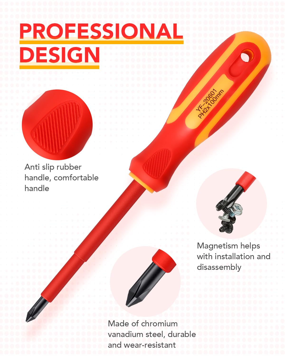 E·Durable 4pcs VDE Screwdriver Set, Magnetic Insulated Screwdriver Set to 1000v, Multifunctional Tool Kit Chrome Vanadium Screwdrivers TPR Handle for Home and Professional Use, Red