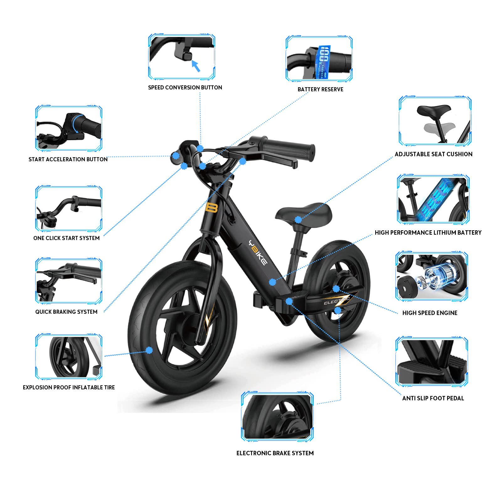 YBIKE Electric Balance Bike,12 Inch Kids Electric Bike for Ages 3-5 Years Old, Kids Balance Bikes with Adjustable Seat, Dirt Bike for Boys & Girls