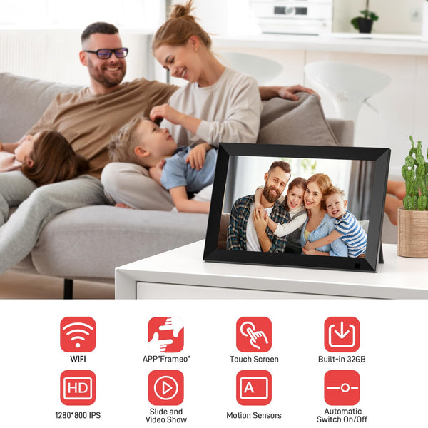 10.1 Inch WiFi Digital Photo Frame Built in 32GB Memory, 1280x800 IPS LCD Touchscreen, Auto-Rotate and Audio, Quick and Easy Share Photos or Videos via the Frameo App, the Best Choice for Gifting
