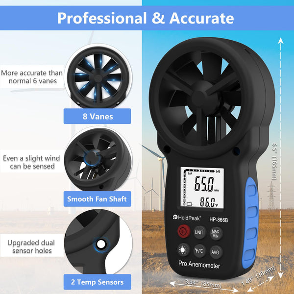 H HOLDPEAK Handheld Anemometer, Digital Wind Speed Meter for Air Velocity, Digital Laser Infrared Thermometer -50 to 550? with Adjustable Emissivity,
