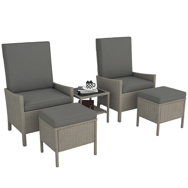 Outsunny 5 Piece Rattan Garden Furniture Set, Wicker Patio Sofa Set with 2 Armchairs, 2 Footstools, Glass Top Coffee Table with Shelf, Outdoor Furniture with Adjustable Backrests, Cushions, Dark Grey