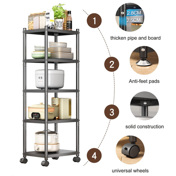 SAYZH Shelving Unit, 5 Tier Standing Heavy Duty Metal Shelving Unit Rack, Multifunctional Narrow Storage Trolley with Wheels and Anti-slip Feet for