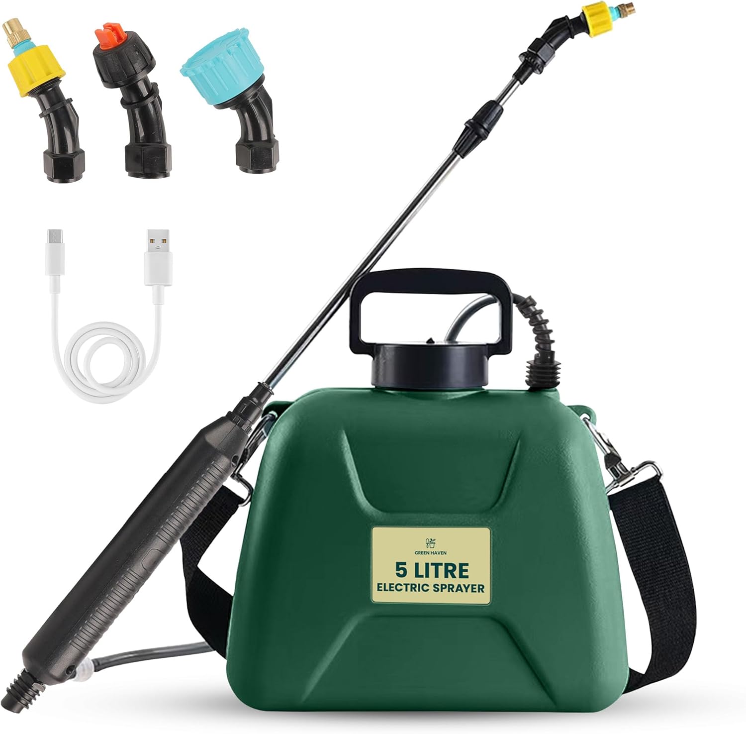 Green Haven 5L Battery-Powered Pressure Sprayer – USB Rechargeable Electric Garden Sprayer with 3 Adjustable Nozzles, Easy-Fill Tank, Durable ABS, Portable Design, and Shoulder Strap for Gardening