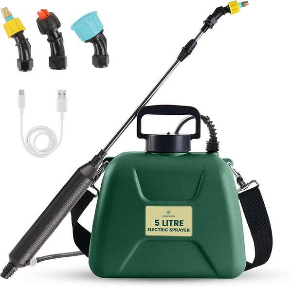 Green Haven 5L Battery-Powered Pressure Sprayer – USB Rechargeable Electric Garden Sprayer with 3 Adjustable Nozzles, Easy-Fill Tank, Durable ABS, Portable Design, and Shoulder Strap for Gardening