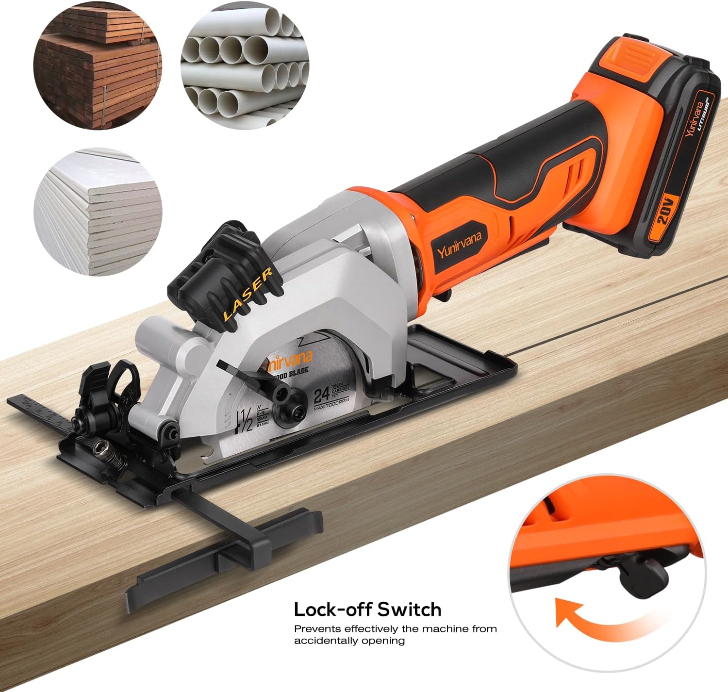Yunirvana Mini Circular Saw, 20V 3400RPM Professional Cordless Circular Saw, Adjustable Angle and Depth,Max Cutting Depth 42.8mm (90°), 28mm(45°),Laser Guide,Blade 115mm