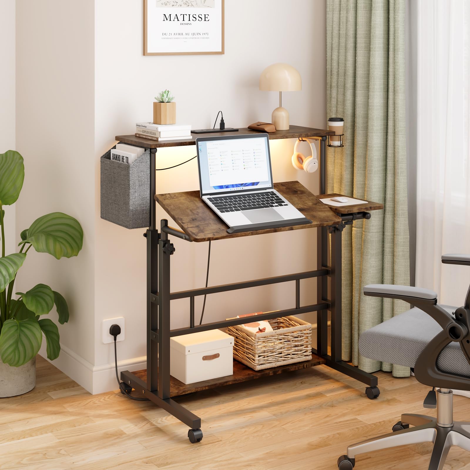 Dripex Mobile Standing Desk with Power Outlets & Strip Lights, Height Adjustable Desk With Cup Holder, Hook, Storage Bag, Rolling Sit-Stand Computer