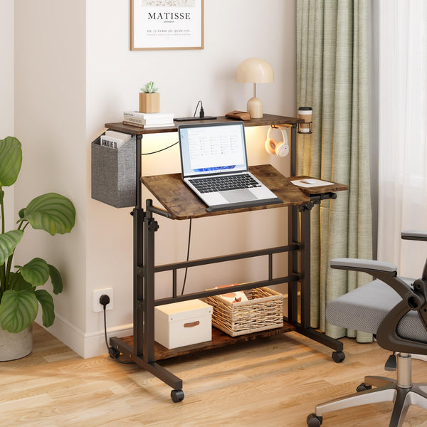 Dripex Mobile Standing Desk with Power Outlets & Strip Lights, Height Adjustable Desk With Cup Holder, Hook, Storage Bag, Rolling Sit-Stand Computer