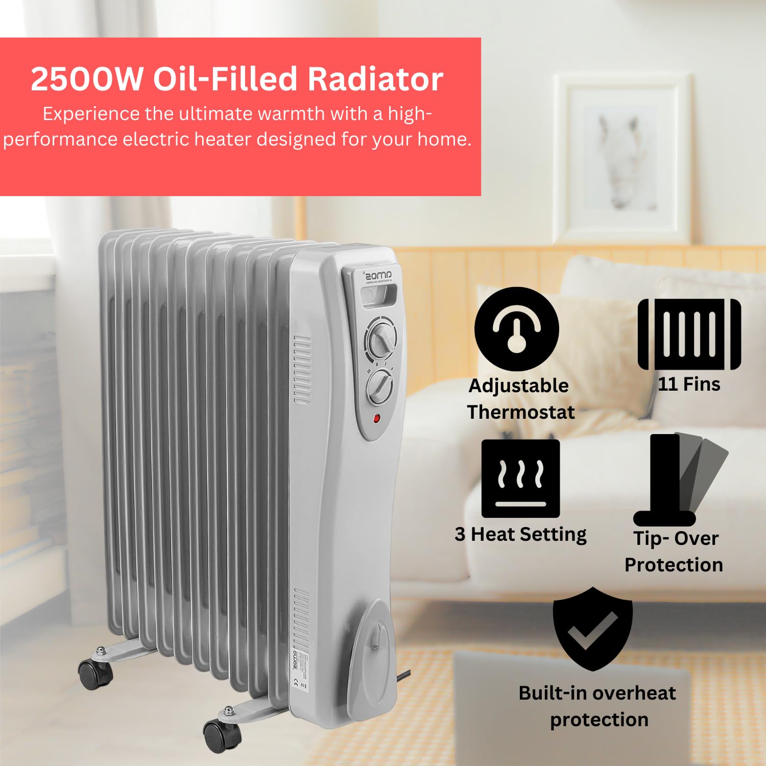 AMOS 1500W Electric Oil Filled Radiator Heater 7-Fin Portable Thermostat Heating Appliance with 3 Heat Settings, Safety Shut Off, and Power Indicator Light