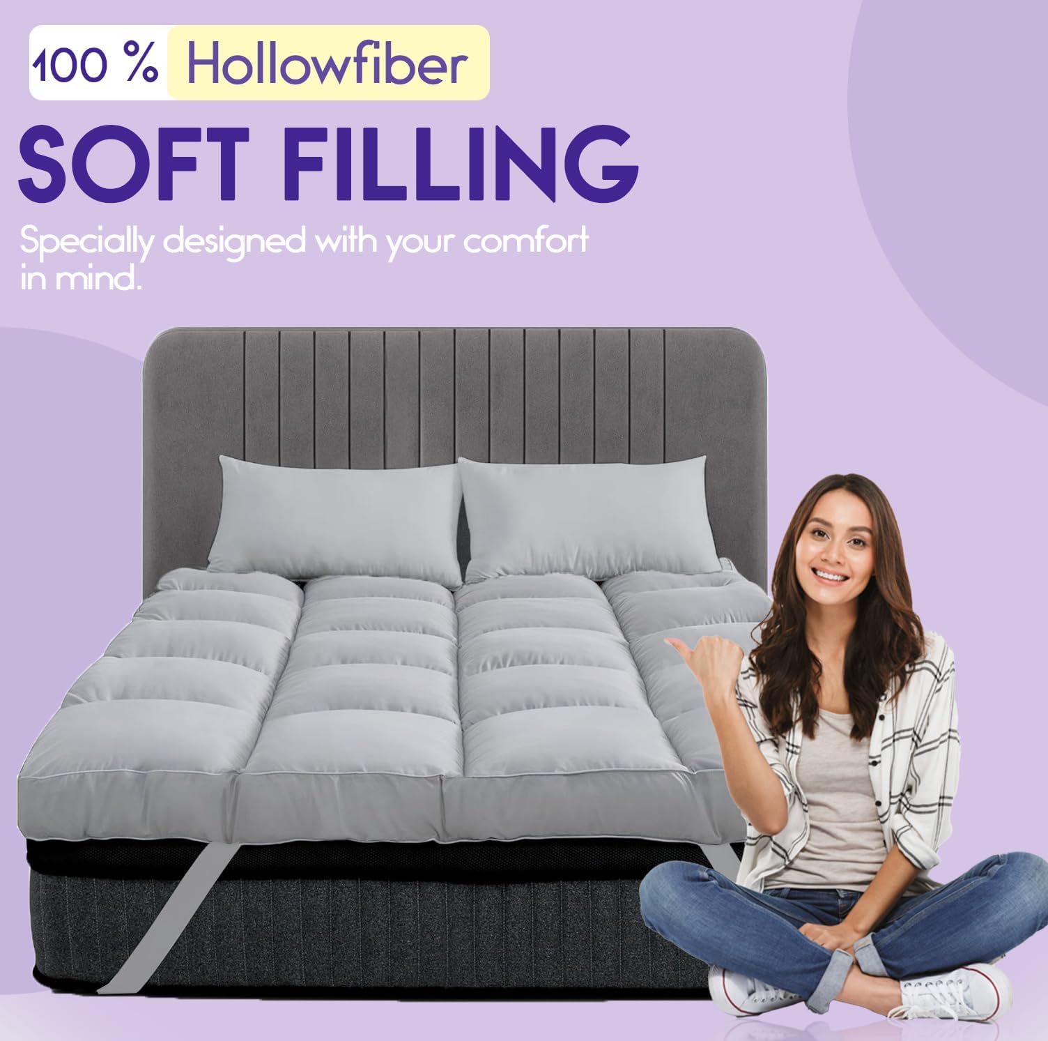 Mattress Topper Double Bed - 10CM Extra Thick Double Mattress Topper - 1000GSM Filling Fiber - Luxurious Comfort, Hypoallergenic, Elastic Straps Deep Pocket Thick