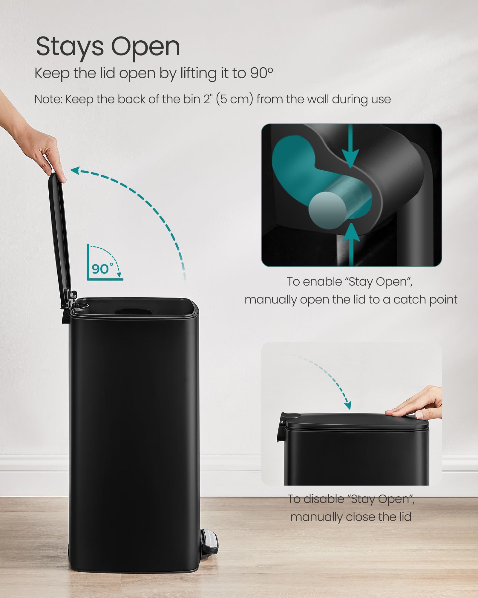 SONGMICS Kitchen Bin, 8-Gallon (30 L) Trash Bin, Steel Pedal Bin, with Inner Bucket, Soft Close and Stays Open, Ink Black LTB593B02