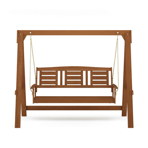 Furinno Tioman Hardwood Hanging Porch Swing with Stand in Teak Oil, Natural