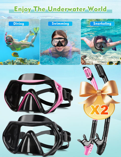 Hydomi Snorkel Set Adults 180° Panoramic Anti-Fog Snorkel Mask with Dry Top Valve, Leak-Proof Tempered Glass Diving Set for Swimming Snorkeling, Travel-Friendly Kit with Adjustable Straps