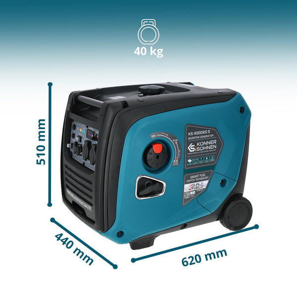 Könner & Söhnen KS 3100iG S portable LPG/petrol inverter generator 3100 W,UK Plug Socket 1x13 A (230 V), 2 USB ports,copper winding,silent inverter generator,dual fuel generator