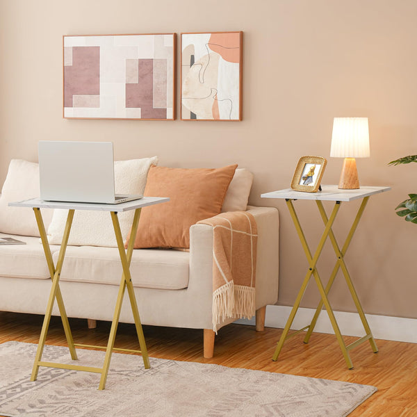 HOOBRO Folding Tables 2 Set, TV Tables for Eating Foldable, TV Tray Table, Small Sofa Laptop Dinner Table for Small Space, Metal Frame, Marble and