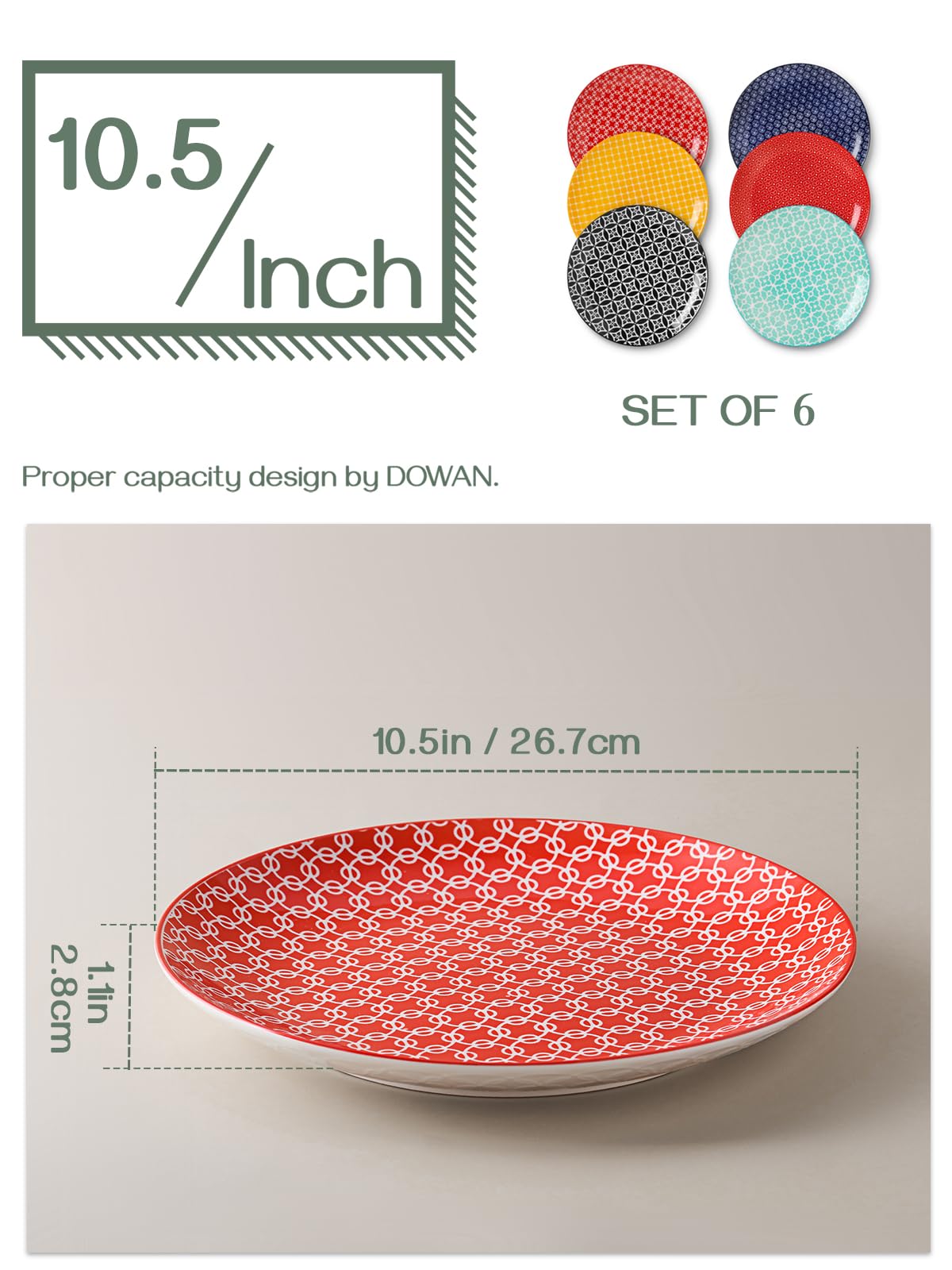 DOWAN 26.7cm Ceramic Dinner Plates, Vibrant Colours Pasta Salad Plate Set of 6, Dessert Plates for Picnic Party Christmas Housewarming Mothers Day,