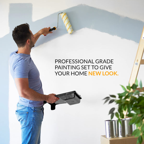 RAULDE 10 Pieces Paint Roller Set - Includes a Paint Tray, Brush, Large and Mini Rollers & Sleeves, Paint Repellent Masking Tape, Paint Mixer - Roller Set for Painting Walls, Edges & Ceilings