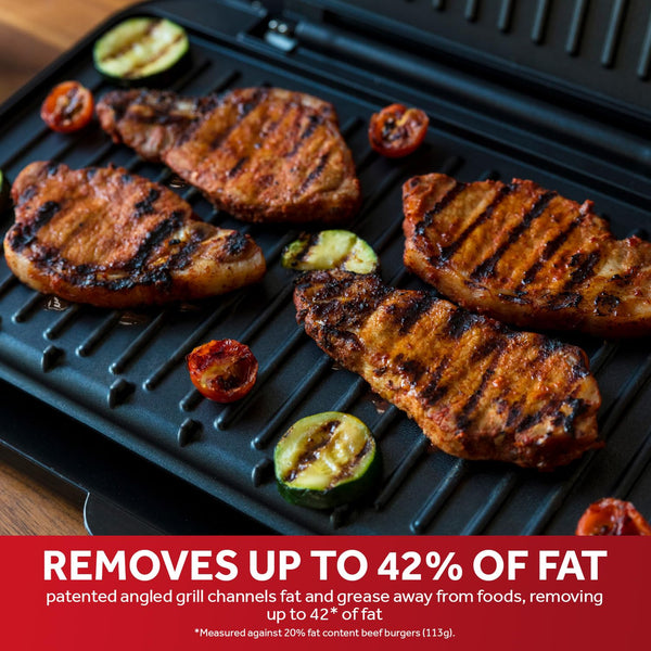 George Foreman Large Electric Fit Grill [Non stick, Healthy, Griddle, Toastie, Hot plate, Panini, BBQ, Energy saving, Vertical storage, Easy clean, Drip tray, Ready to cook light] Black, 2400W 25820