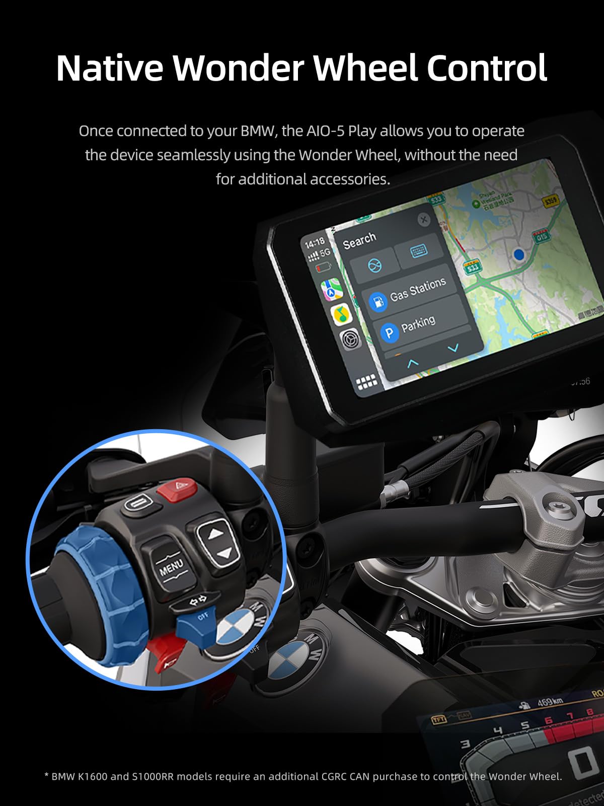 AIO-5 Lite Motorcycle Carplay Android Auto GPS Navigation System, BSD, STARVIS HDR 5" LCD, 60FPS,5G Wi-Fi BT, IP67 Waterproof, Support Siri Google Assistant, 24H Parking Mode, Dedicated App