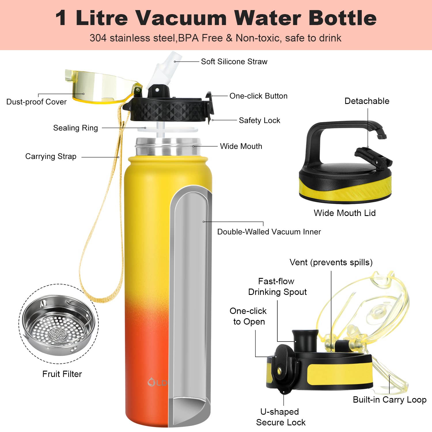 OLDLEY Stainless Steel Water Bottle with Straw 1L Vaccum Insulated Large Drink Flask Metal Water Bottles 1 Litre Leakproof Keep Drinks Hot Cold for Sports Gym with Different Lids(Purple Green, 3 Lids)