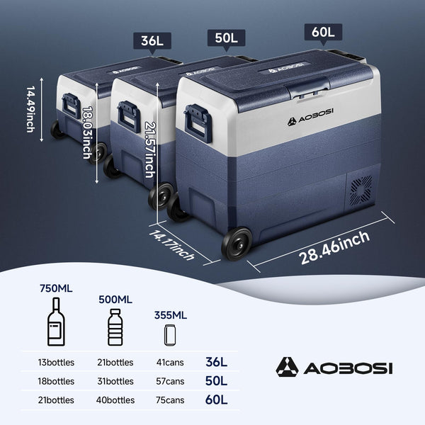 AAOBOSI 60L Car Fridge Freezer Dual Zone, Car Refrigerator 3 Way, Camping Freezer -20°C-20°C, with Wireless Connection, Compressor Fridge 12/24V DC and 100-240V AC for Campervan,Travel,RV,Camping,Boat