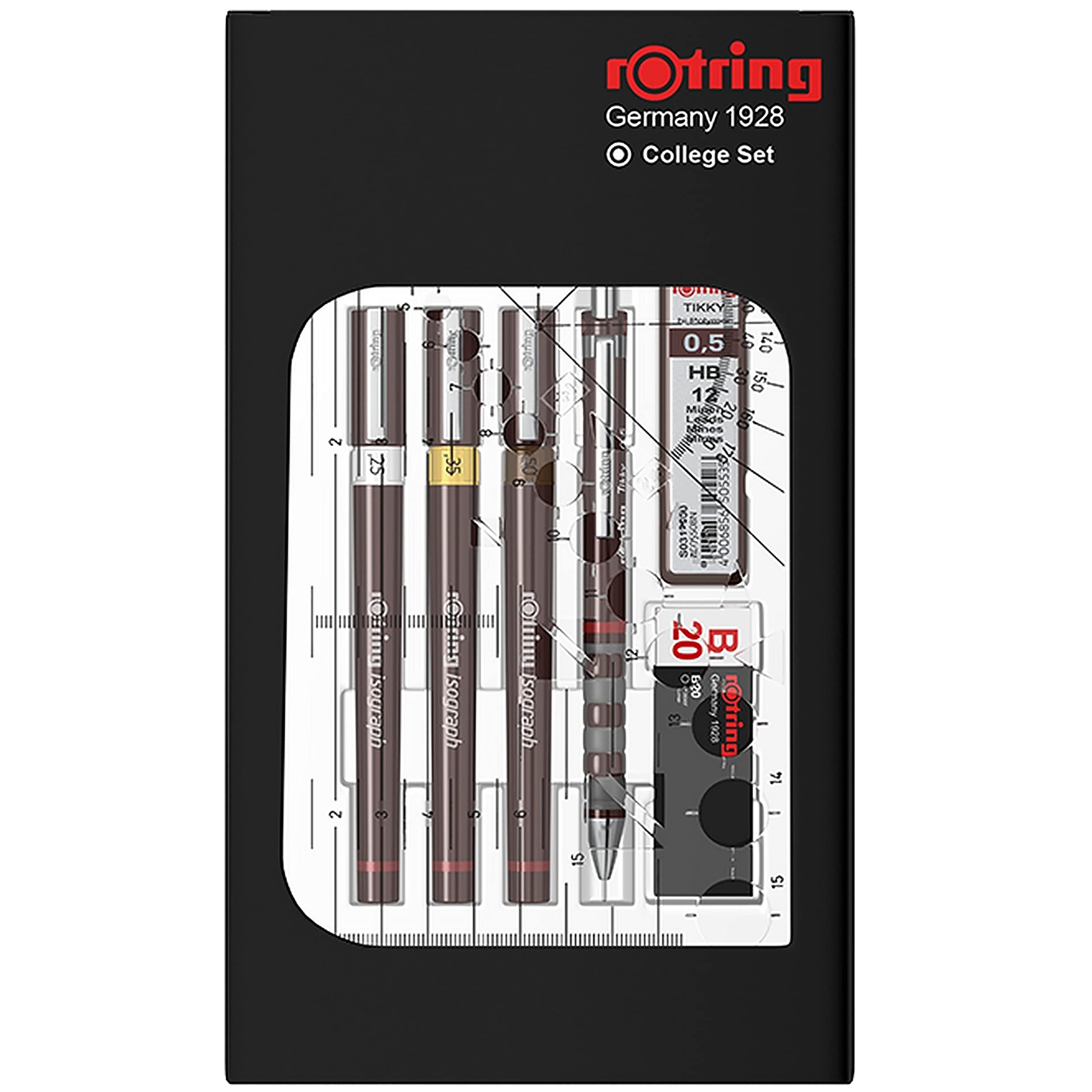 rOtring Isograph Pen Set Technical Pen & Pencil College Set | 3 Pens (0.20mm0.30mm0.50mm) and Mechanical Pencil (0.5mm) + Accessories