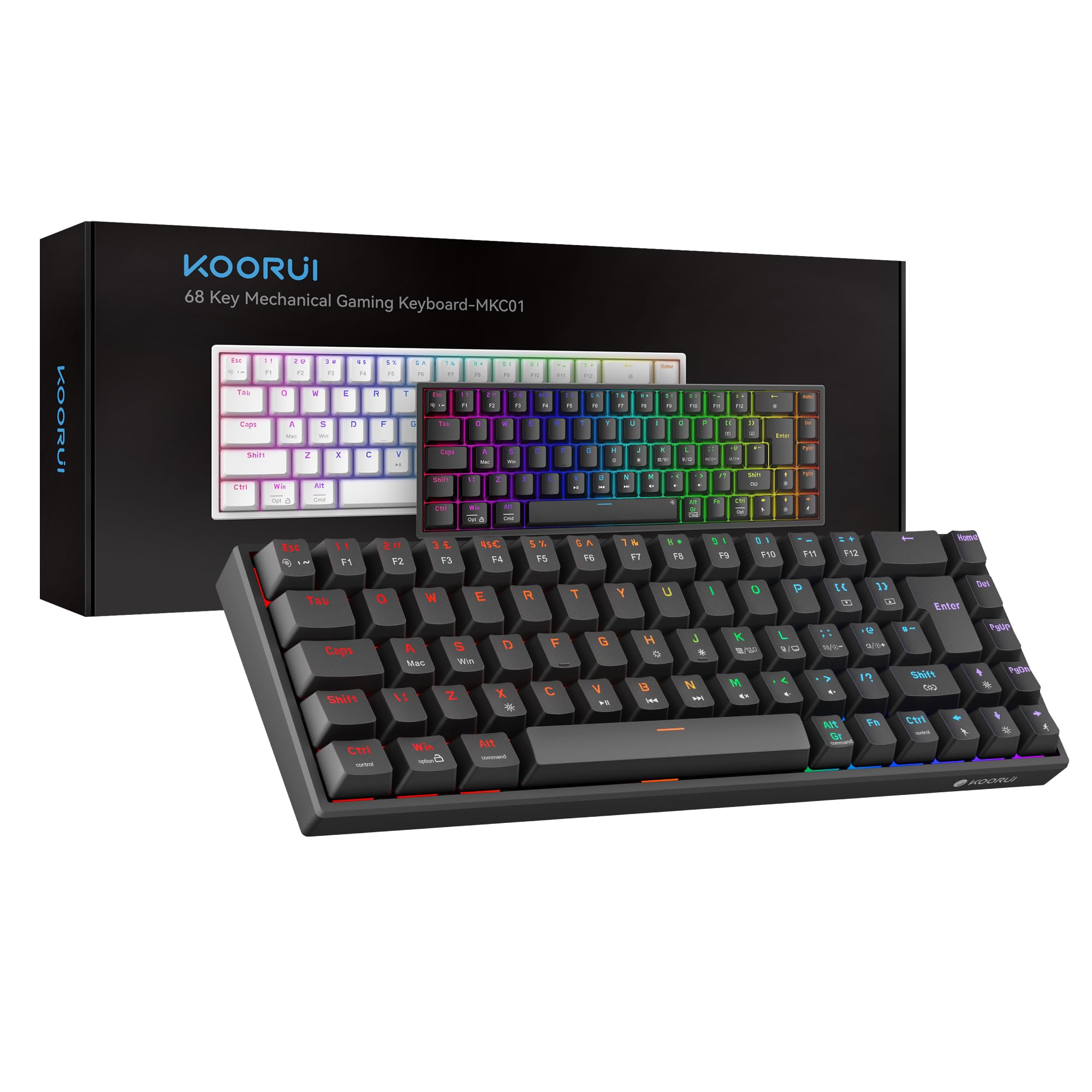 KOORUI 60% Mechanical Gaming Keyboard, Mixed Colors LED Backlit Ultra-Compact 69 Keys, Mini Wired Keyboard with Blue Switch for Windows Laptop PC/Mac OS/Xbox-BLACK(Blue Switch)
