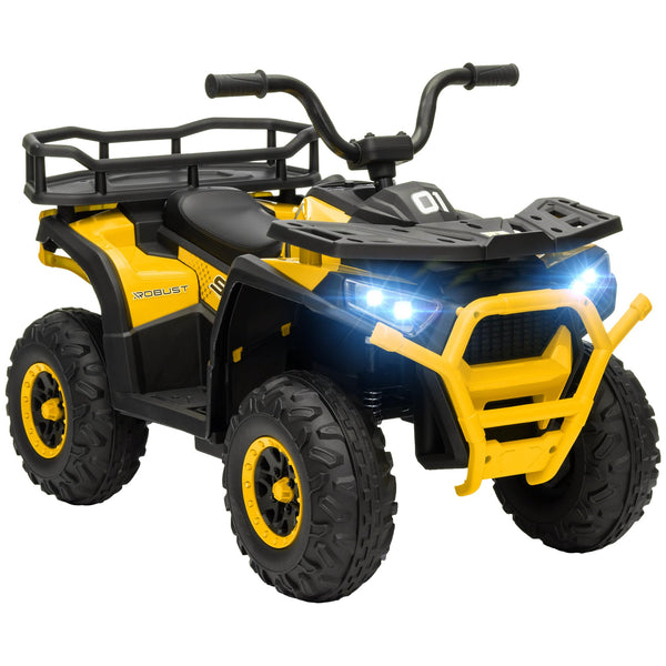 AIYAPLAY 12V Kids Electric Ride on ATV, Battery Powered Quad Bike with 4 Suspension Wheels, Forward Reverse Function, Headlights, Music, Storage Basket, for Ages 3-5 Years, Yellow