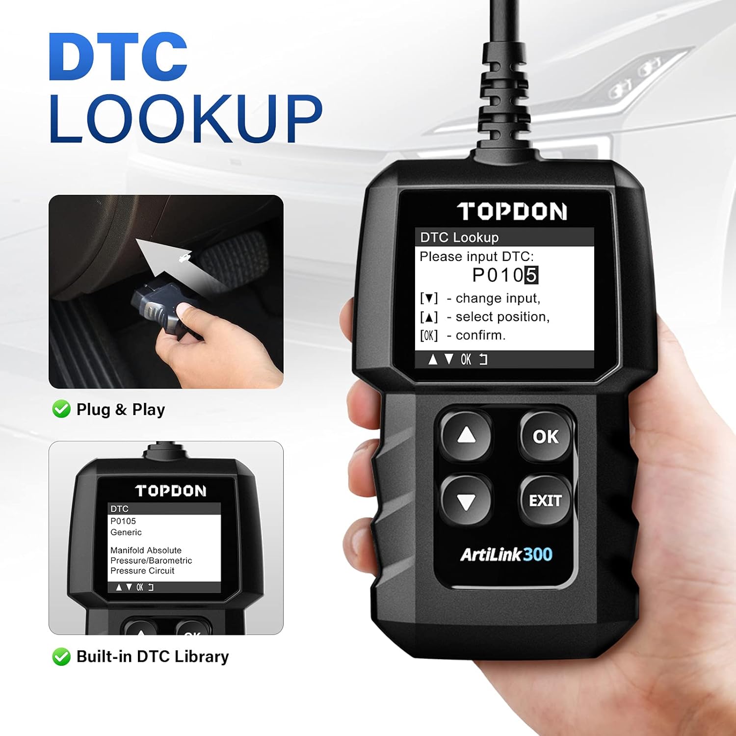 TOPDON AL300, OBD2 Scanner Code Reader, car Auto Diagnostic Tool with Full OBD2 Functions, Engine Fault Code Reader CAN Scan Tool, HD LCD Display Screen, for Cars After 1996