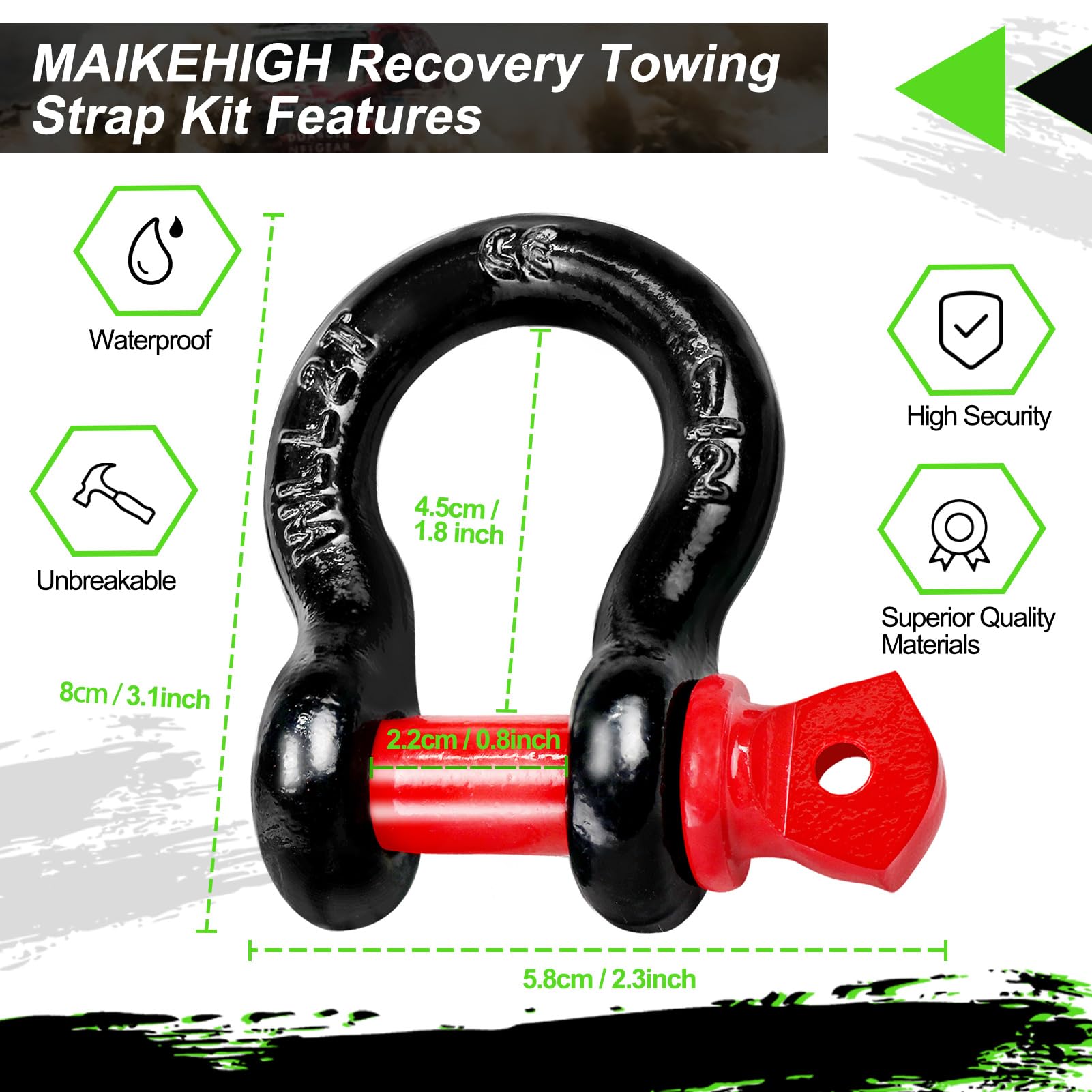 MAIKEHIGH Towing Rope 15 Ton (33,700 Lbs), 6M x 7.6cm Off-Road Recovery Tow Strap with 2 Gloves for Car, Truck, SUV, Snow (Green)