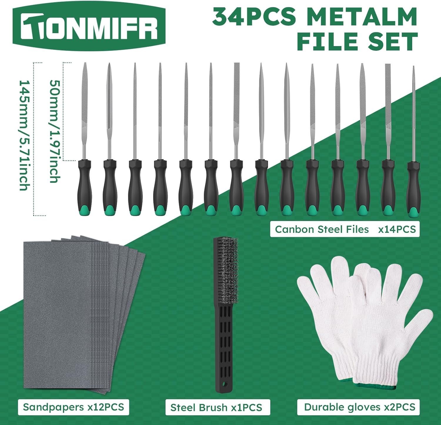 Tonmifr Professional Metal File Set 34Pcs Industrial Grade High Carbon Steel,5 Shapes (Flat/Half Round/Round/Triangle/Square) for Hardened Steel, Metalworking Tools with Storage Case,14 Needle Files
