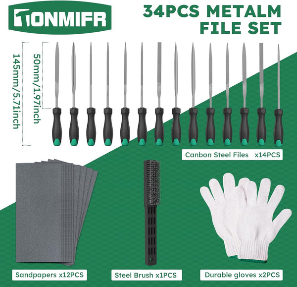 Tonmifr Professional Metal File Set 34Pcs Industrial Grade High Carbon Steel,5 Shapes (Flat/Half Round/Round/Triangle/Square) for Hardened Steel, Metalworking Tools with Storage Case,14 Needle Files