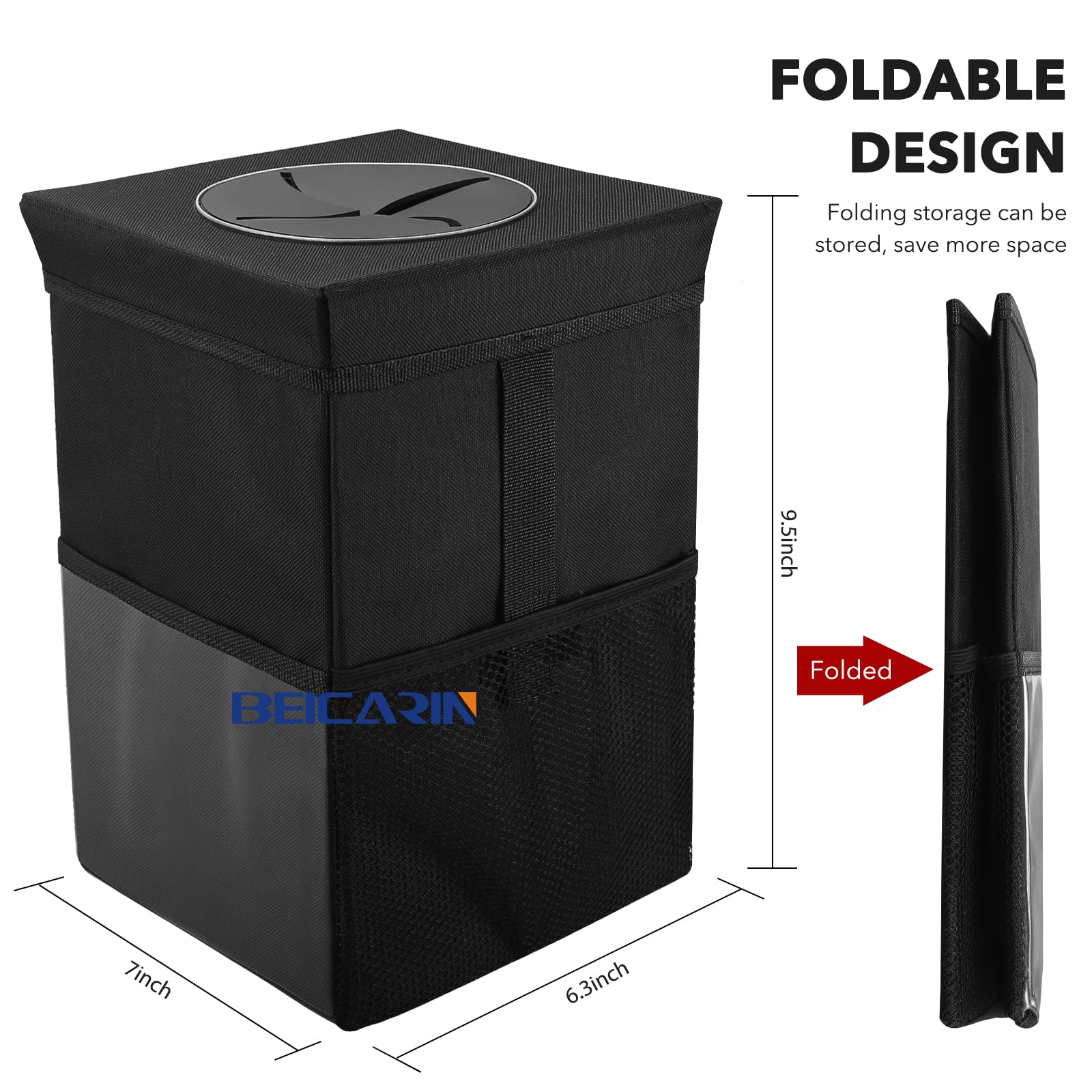 Car Trash Bin with Lid - Trash Bag Hanging with Storage Pockets Leak-Proof Car Organizer Collapsible and Portable Waterproof Garbage Bin, 10L Large Capacity Multipurpose Bin