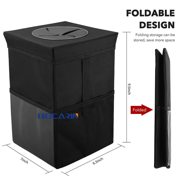 Car Trash Bin with Lid - Trash Bag Hanging with Storage Pockets Leak-Proof Car Organizer Collapsible and Portable Waterproof Garbage Bin, 10L Large Capacity Multipurpose Bin