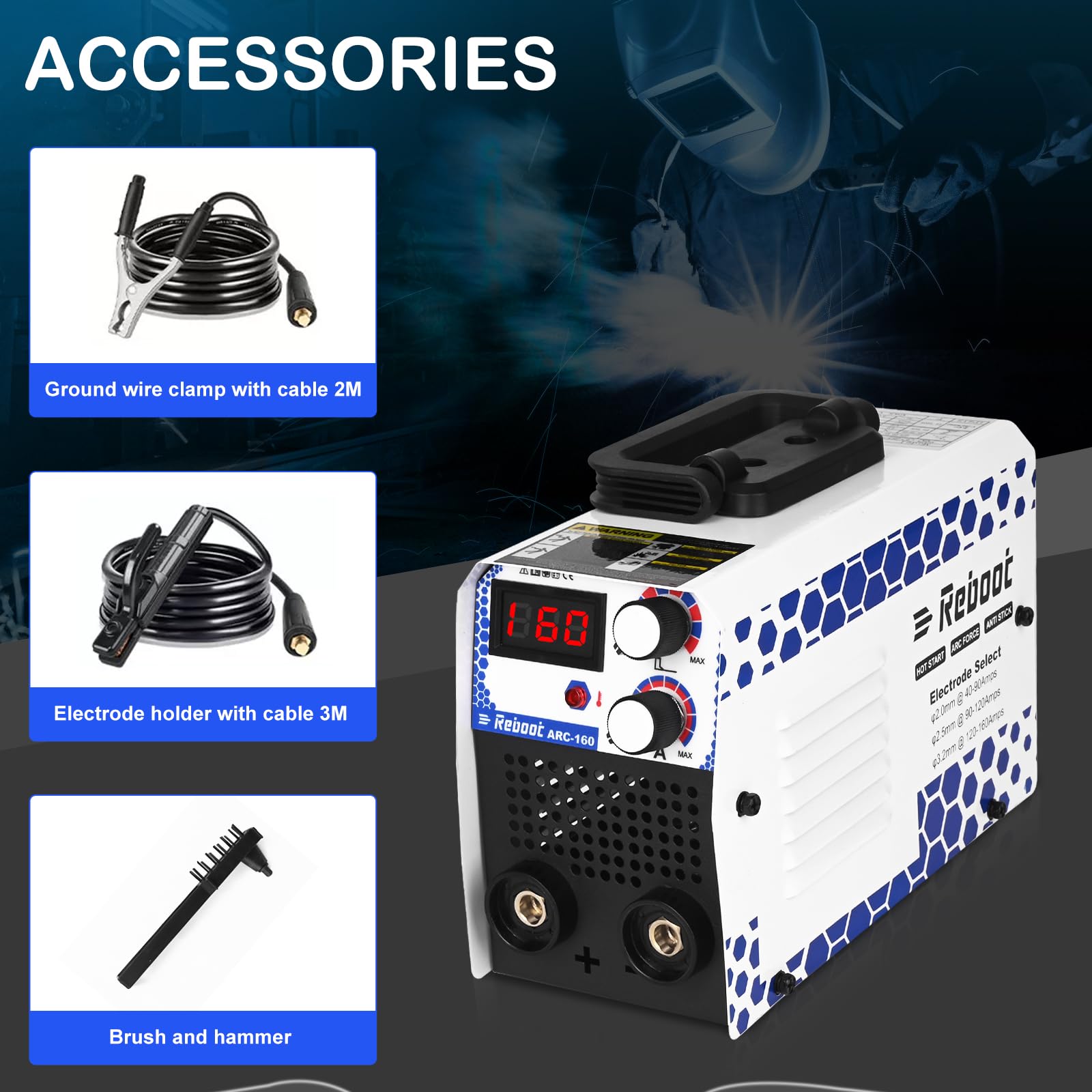 Reboot Arc Stick/MMA 2 in 1 Welder,160Amp 220V Portable Mini Welding Machine IGBT Digital Display LCD Hot Start Arc Force Anti-Stick for DIY Enthusiasts & Professionals