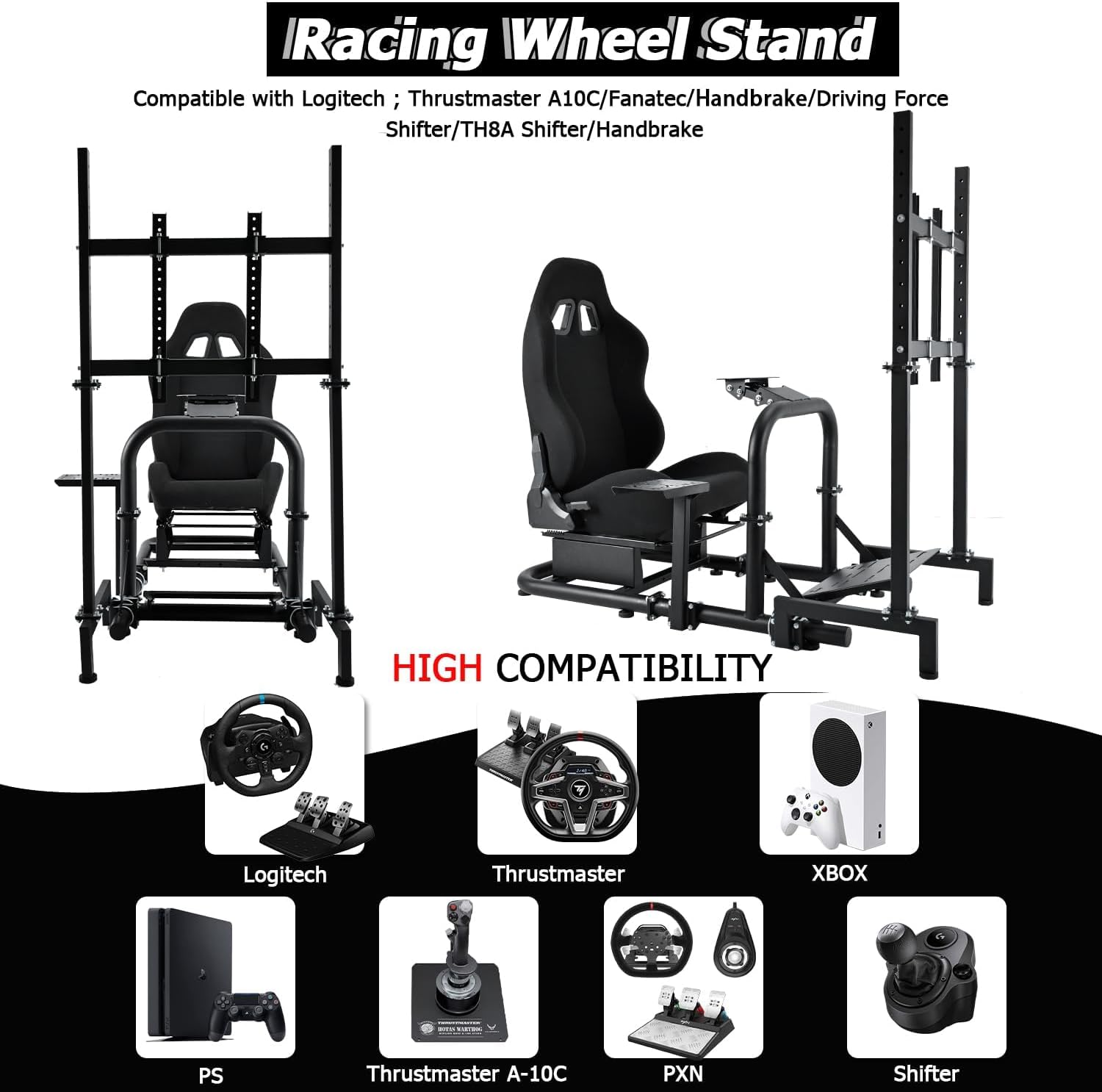 Minneer Pro Adjustable Racing Sim Cockpit With Black Seat, Monitor Fit for Logitech I Thrustmaster I Fanatec G25,G27,G29,G920,G923,T300RS,TX,T300rs Steering Wheel Stand Without Wheels and Pedals