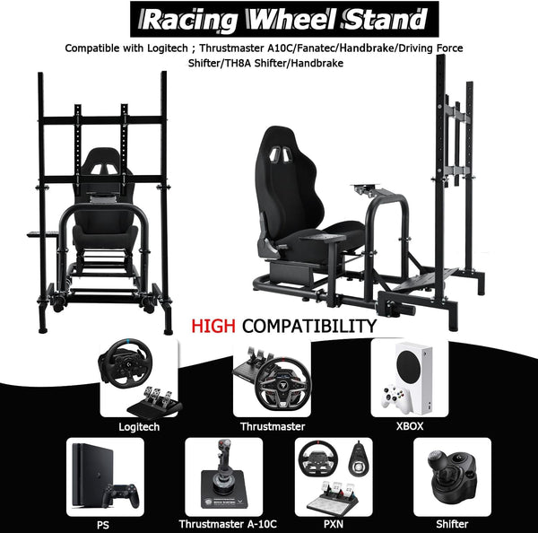 Minneer Pro Adjustable Racing Sim Cockpit With Black Seat, Monitor Fit for Logitech I Thrustmaster I Fanatec G25,G27,G29,G920,G923,T300RS,TX,T300rs Steering Wheel Stand Without Wheels and Pedals