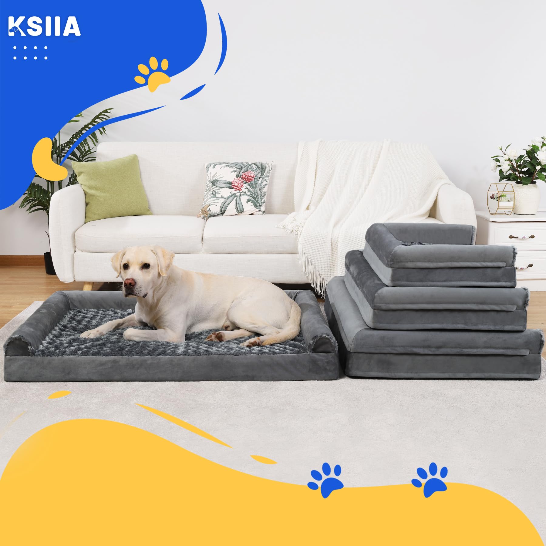 KSIIA Large Dog Bed, Orthopedic Dog Sofa Beds Couch with Removable Washable Cover, Waterproof Pet Sofa with U-Shape Bolster, Grey 88.9x55.88x16cm