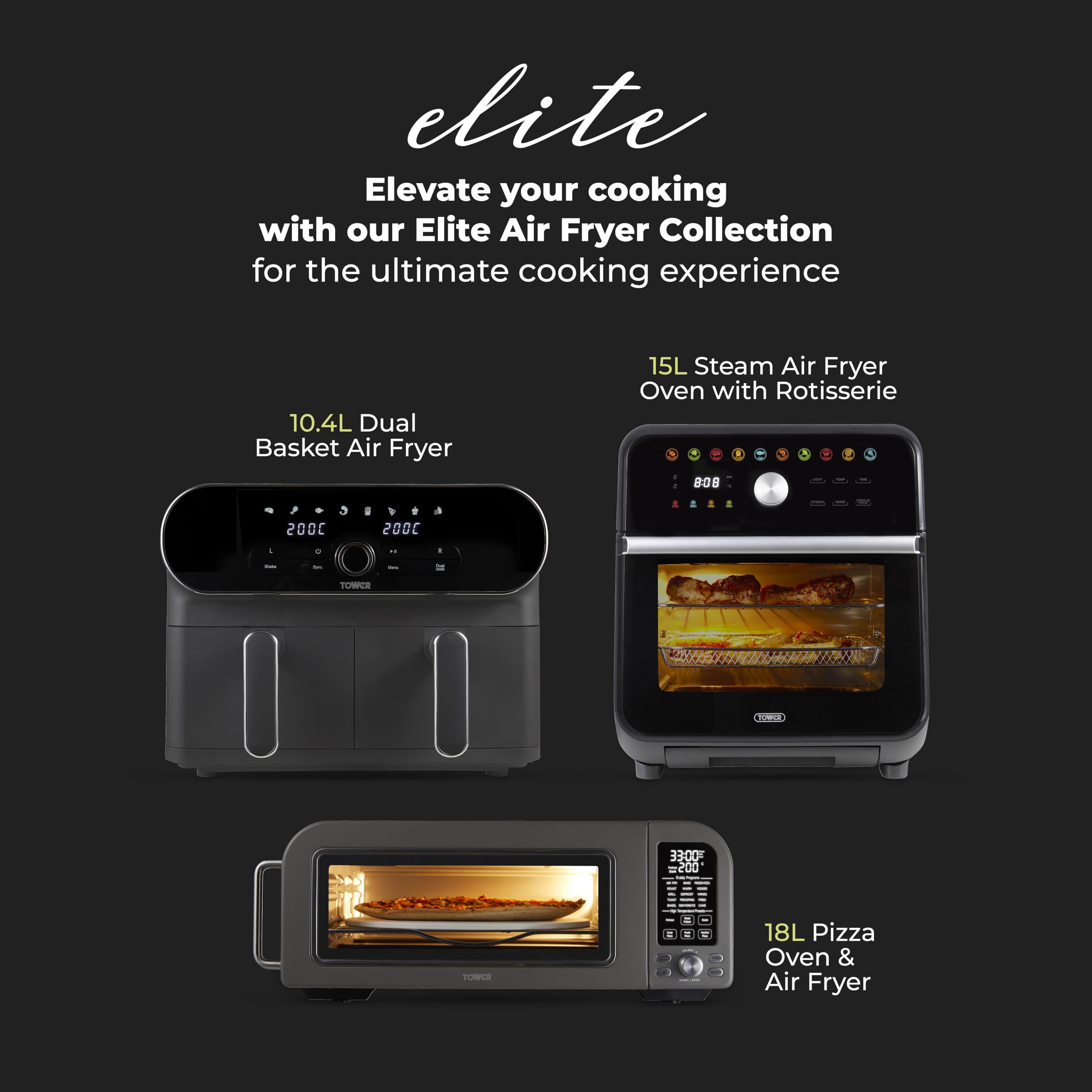 Tower T17190GRP Vortx XL Dual Stack Air Fryer with Digital Control Panel, Space Saving Design, 6 Preset Cooking Modes, Match Cook & Smart Finish Functions, 2460W, 11L, Graphite with Chrome Trim