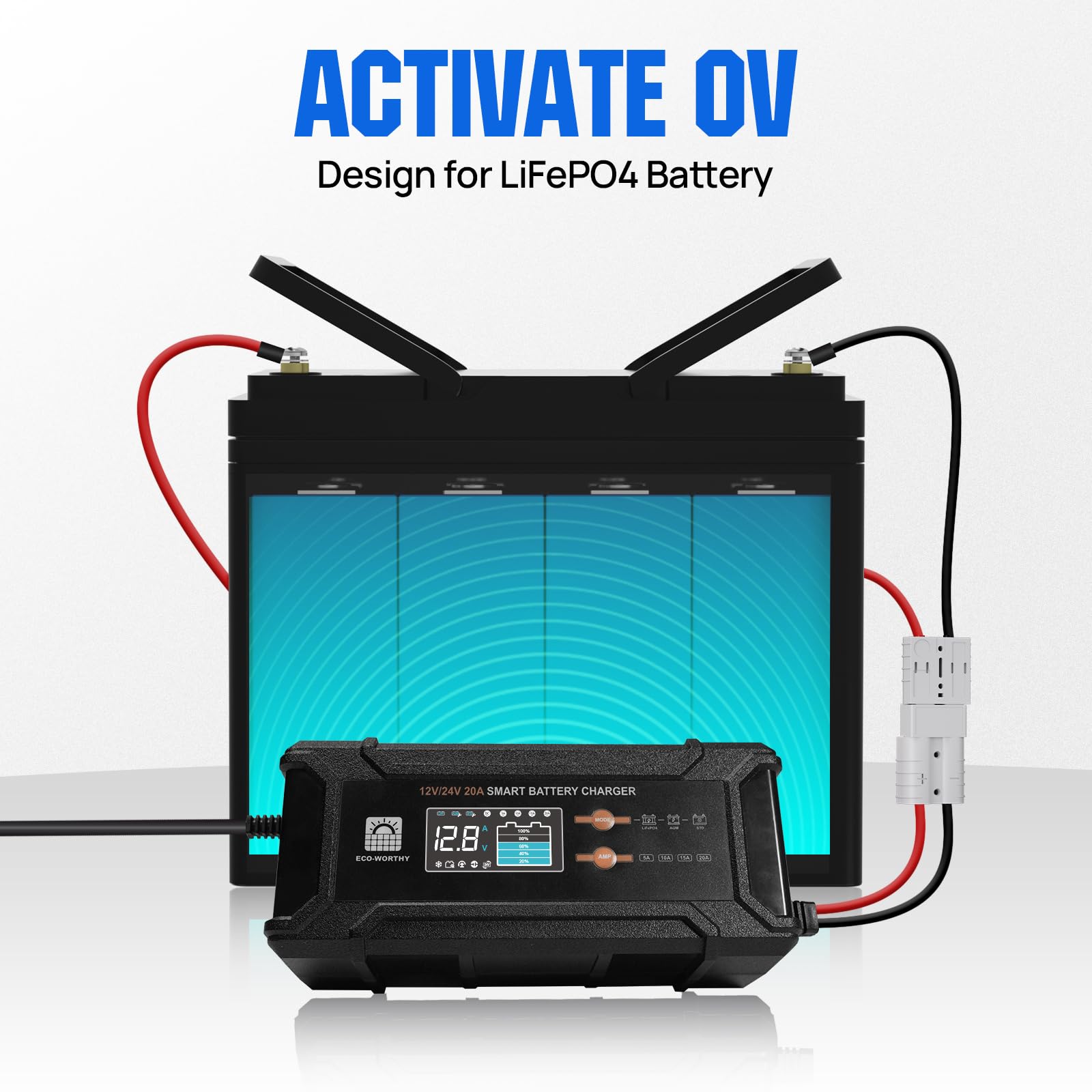 ECO-WORTHY 12V 10A LiFePO4 Battery Charger Automatic Smart and Maintainer (UK Plug) with LCD Display for Scooter Lead Acid and Lithium (LiFePO4) Battery