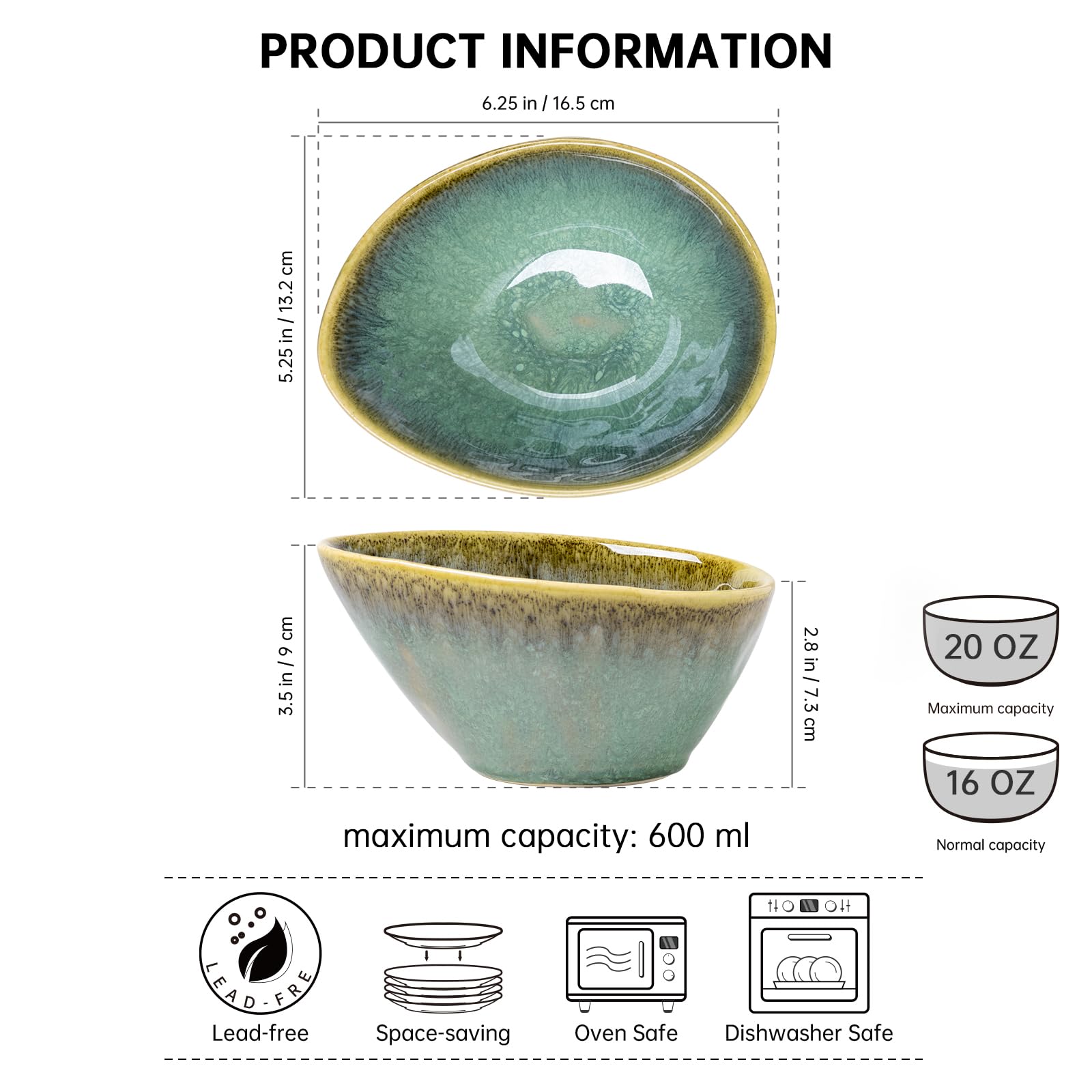 Henten Home Ramen Bowl Set of 4, 20 oz Ceramic Soup Bowl for Cereal/Salad/Pasta, Green Serving Dish Dishwasher & Microwave Safe