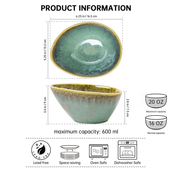 Henten Home Ramen Bowl Set of 4, 20 oz Ceramic Soup Bowl for Cereal/Salad/Pasta, Green Serving Dish Dishwasher & Microwave Safe