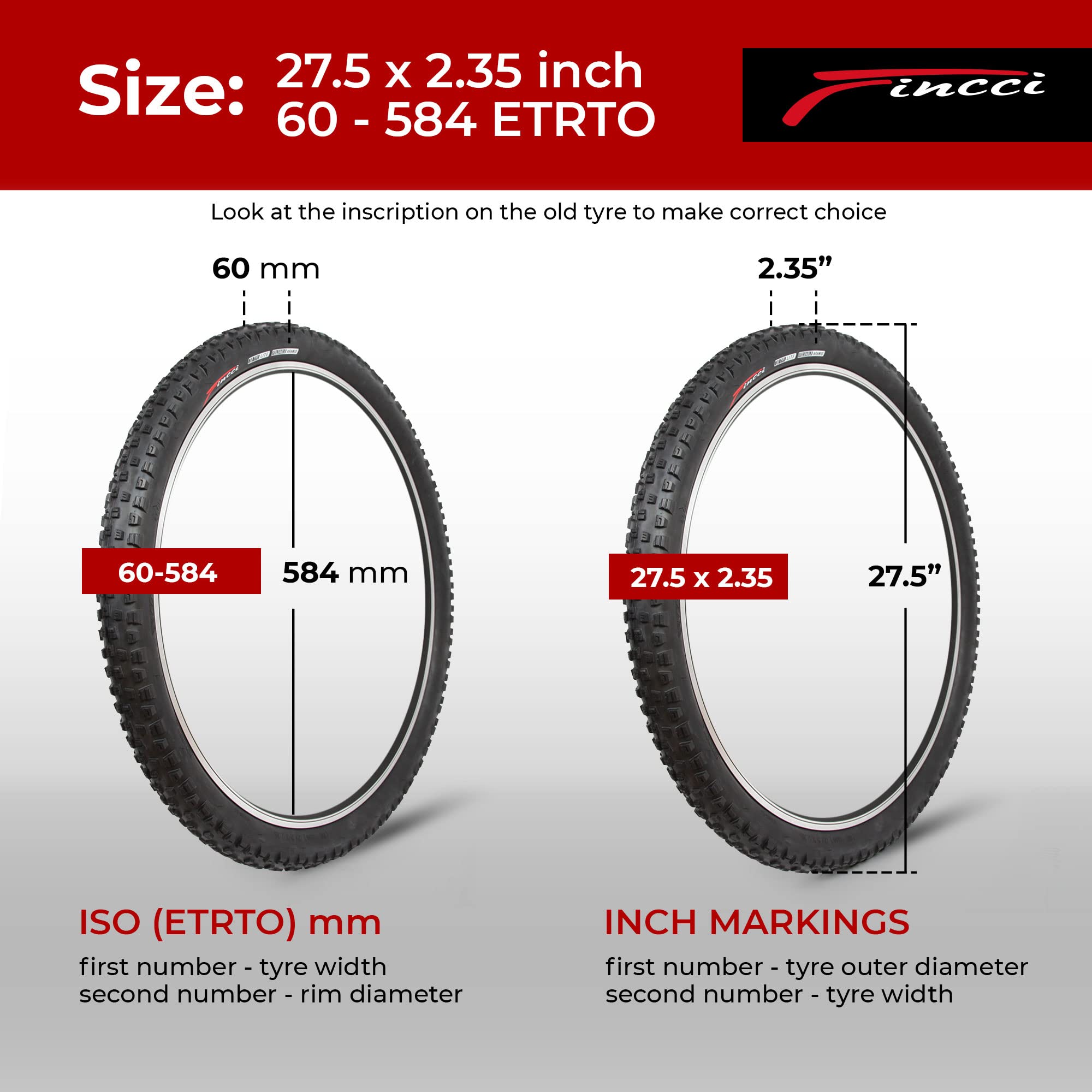 Fincci Fincci Bicycle Tyres MTB 27.5 x 2.35 inch - Pair Foldable Tires 27.5" - Tyres 60-584 for Electro, Hybrid & Mountain bikes, Pack of 2 for Riding