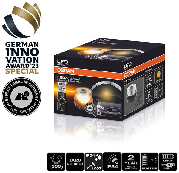 OSRAM LEDSL102 Ledguardian Road Flare Sign V16 Emergency Light for Cars, Breakdown Light, Car Emergency Beacon, Round Safety Warning Light for Vehicles and Motorcycles