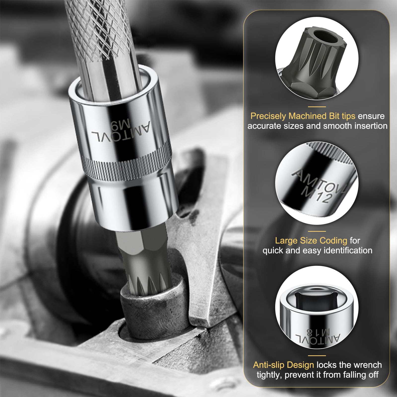 AMTOVL 15-Piece Triple Square Spline Bit Socket Set - S2 Alloy Steel & 50BV30 CRV XZN Bits - Includes 1/4", 3/8", 1/2" Drive Sizes (4,5,6,8,9,10,16,18mm) with Adapter - Fit for Automotive & DIY