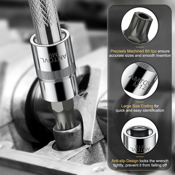 AMTOVL 15-Piece Triple Square Spline Bit Socket Set - S2 Alloy Steel & 50BV30 CRV XZN Bits - Includes 1/4", 3/8", 1/2" Drive Sizes (4,5,6,8,9,10,16,18mm) with Adapter - Fit for Automotive & DIY
