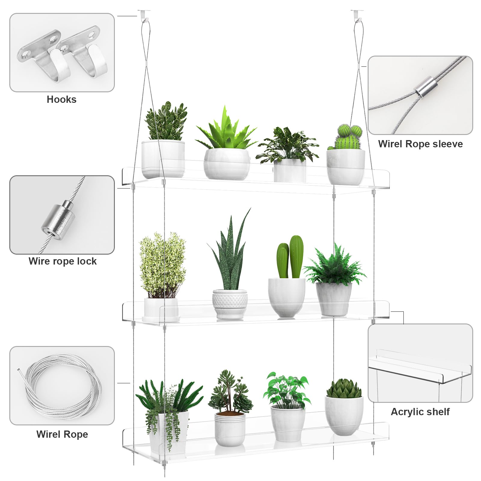 Hanging Clear Acrylic Plant Shelves - 3-Tier Window Wall Stand for Indoor Gardens, Flower, Succulents, Herb, Seedling Organization and Plant Pots