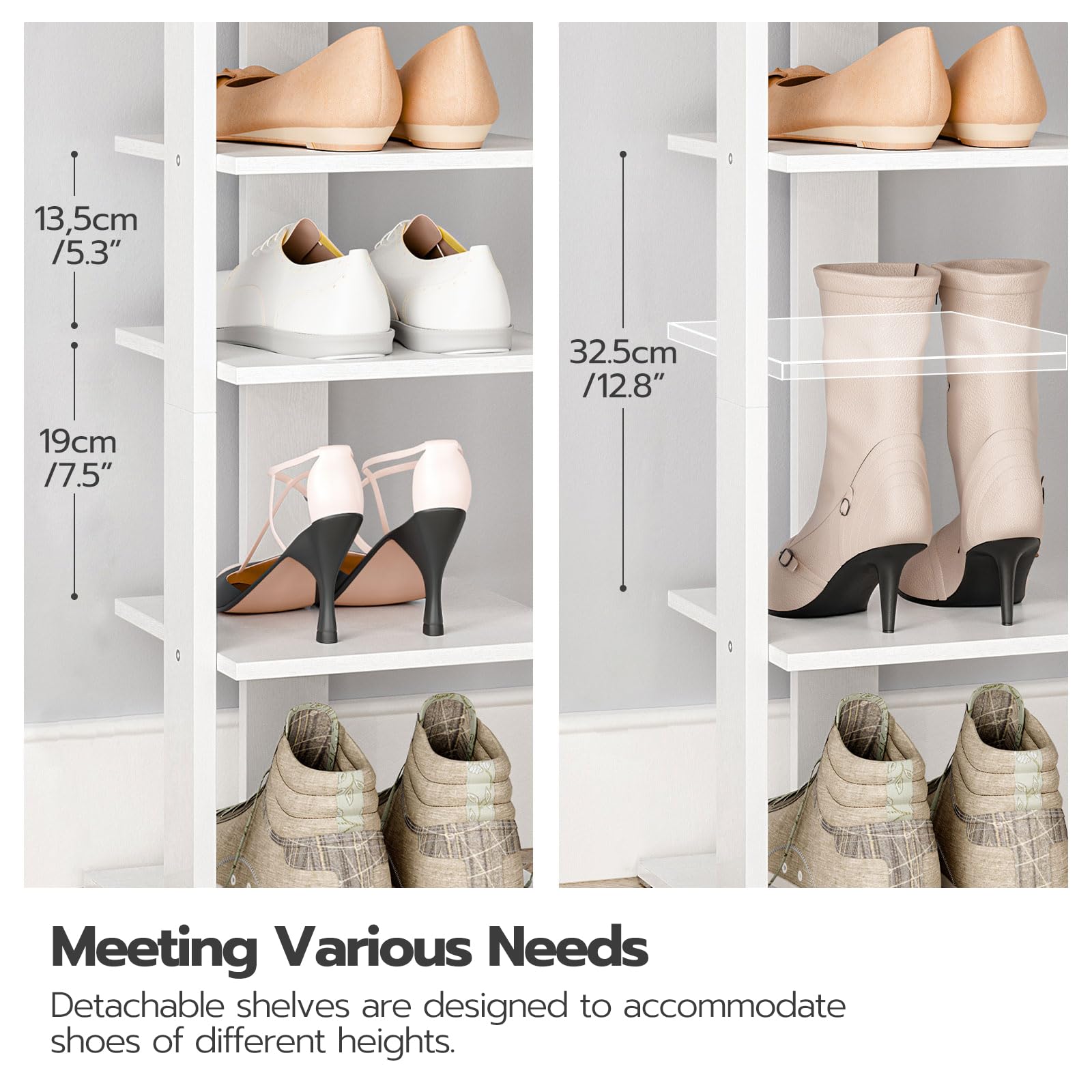 HOOBRO Narrow Shoe Rack, 9-Tier Tall Shoe Rack, Wooden Shoe Storage Organizer with 2 Hooks, Slim Shoe Shelf, Vertical Shoe Tower for Entrance, Living